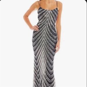 B DARLIN Sequin Open Back Prom Dress Full Length Navy Blue Silver Size 3/4